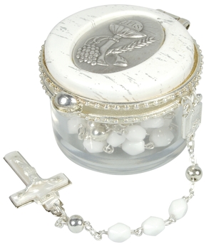 Rosenkranz Kette mit weißen Perlen und Kreuz + Dose